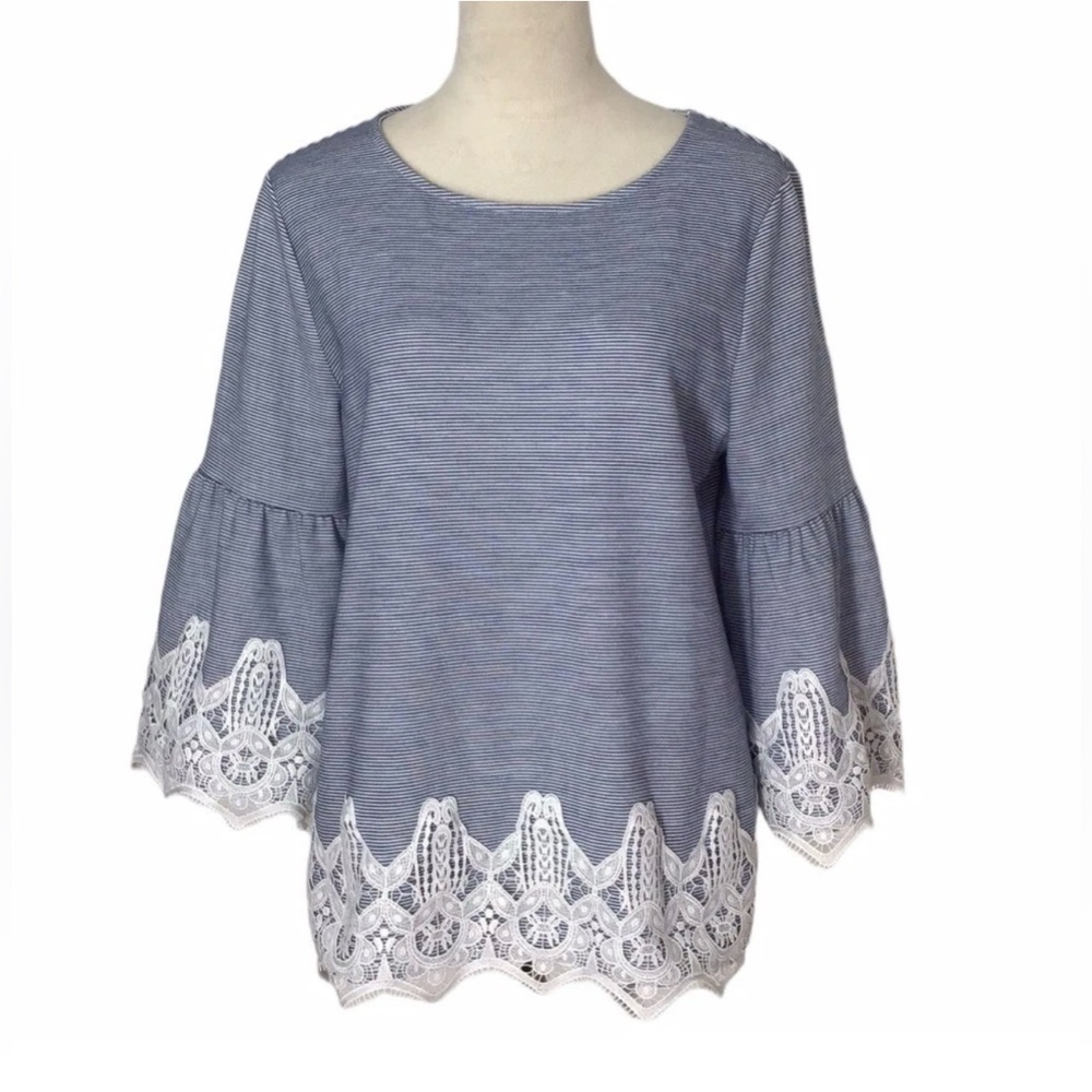 Chico's Striped Lace Accent Bell Sleeve Knit Top Blouse Blue & White Size: Large